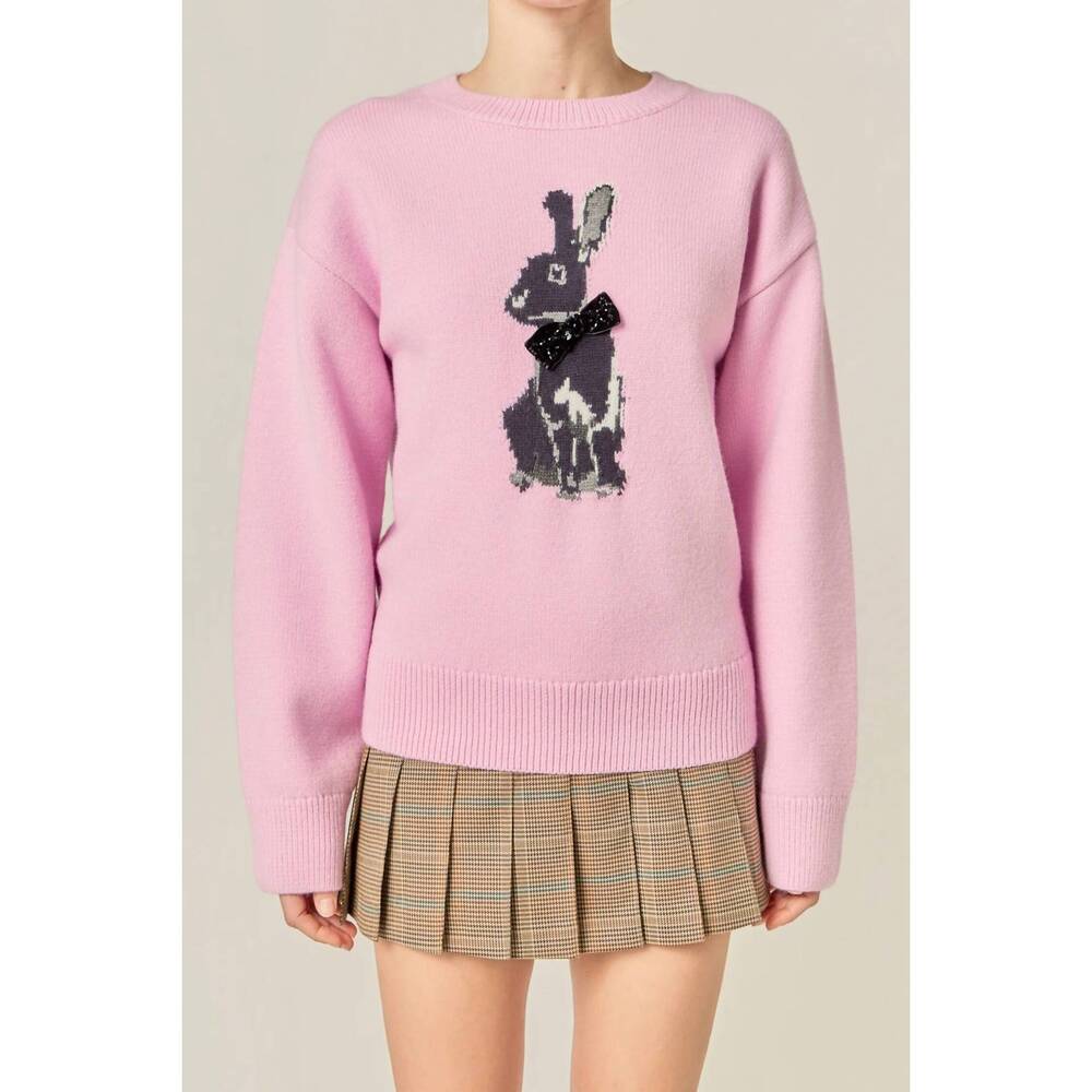 NEW 2.7 AUGUST APPAREL bunny rhinestone bow sweater in pink